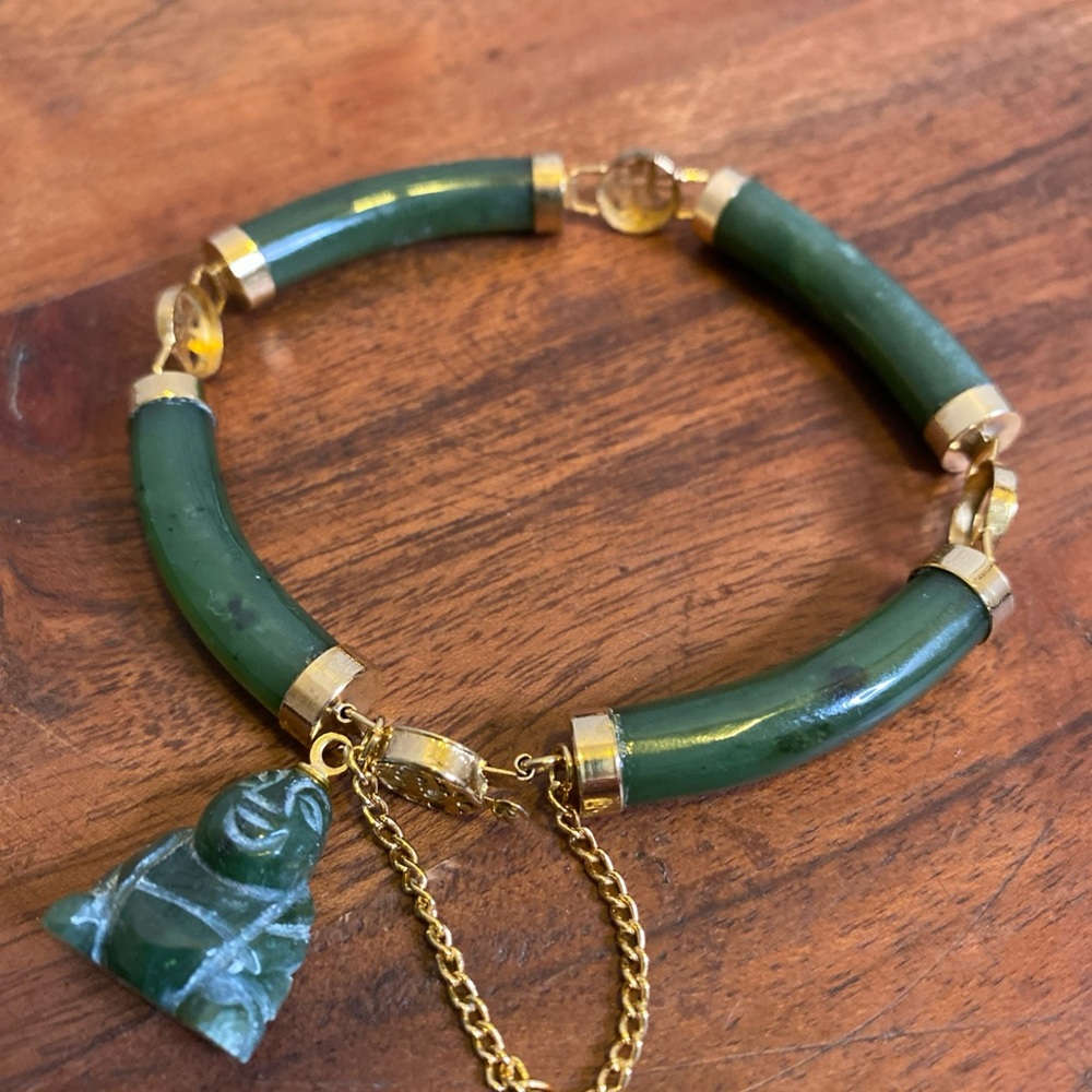 Vintage Bracelet Nephrite Jade Gold Tone Safety Chain Buddha Charm good luck